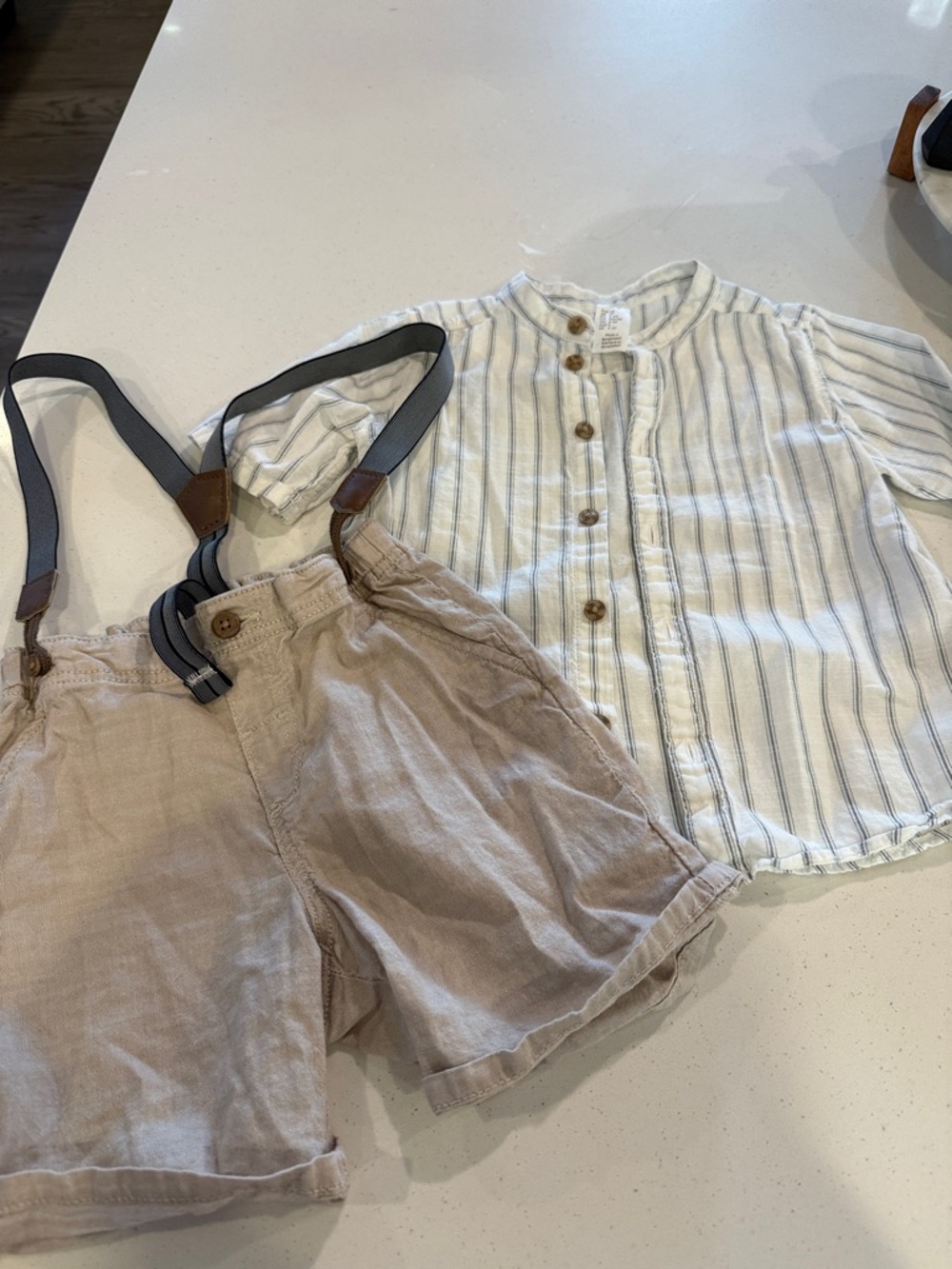 H&M Kids Neutral Linen-Blend Shorts with Adjustable Suspenders